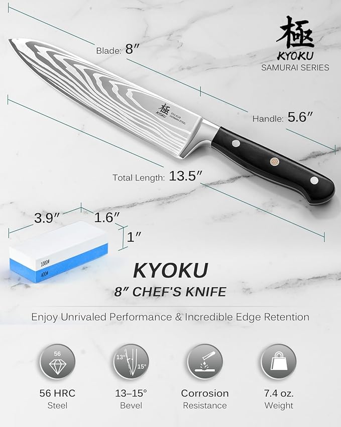 KYOKU 8" Chef Knife - German Steel Kitchen Knife with Sharpening Stone