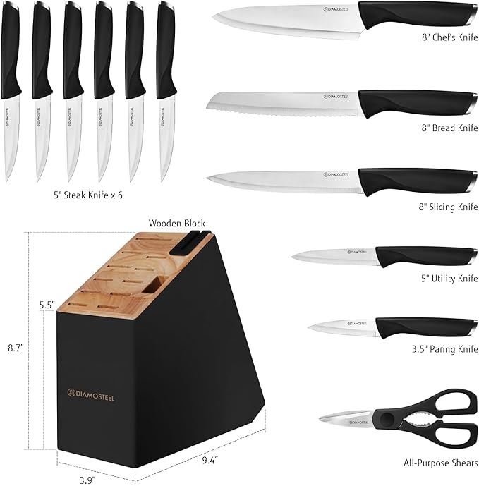 Black Knife Set, 13-Piece Knife Block Set with Built-in Sharpener