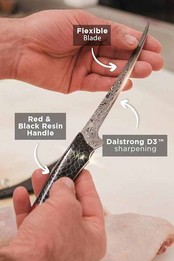 Dalstrong 7" Fillet Knife — V12 Ultra™ Steel — Hardest Build — For Filleting Fish, Boning & Precision Protein Work — Black & Red Damascus, Honeycomb Handle, Scorpion, customer support