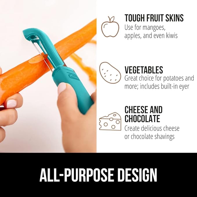 GORILLA GRIP® Patented BPA-Free Vegetable Peeler, Extra Sharp Swivel Stainless Steel Blades with Guard, Comfortable Soft Handle, Easily Peel Carrots Fruit, Potato Eye Remover, Washer Safe Turquoise
