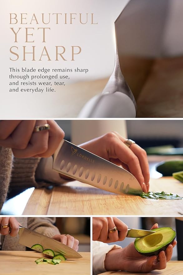 LORDELLE Knife Block Set - 5 Piece Set - Rosewood Pink - Lifestyle Home Kitchen Design - German X50 Stainless Steel - ABS Handle - Ash Wood Block - Cooking Chef Knife, Santoku, Paring, Utility