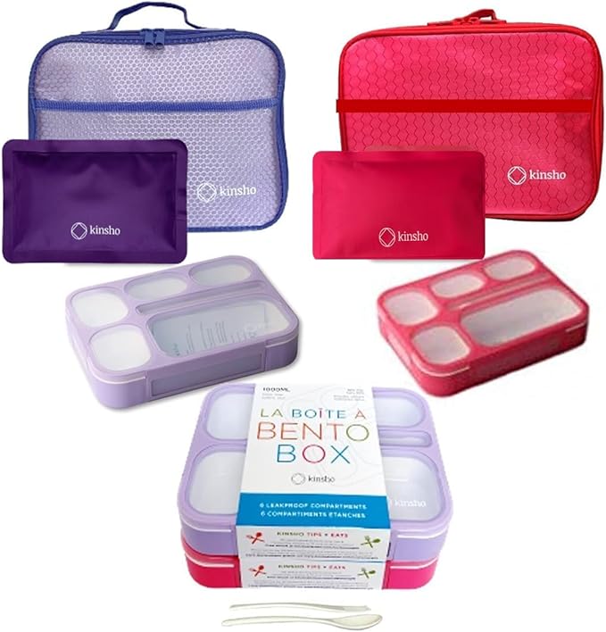 kinsho Bento Lunch Box Set of 2, Ice Pack with Insulated Bag, Pink & Purple