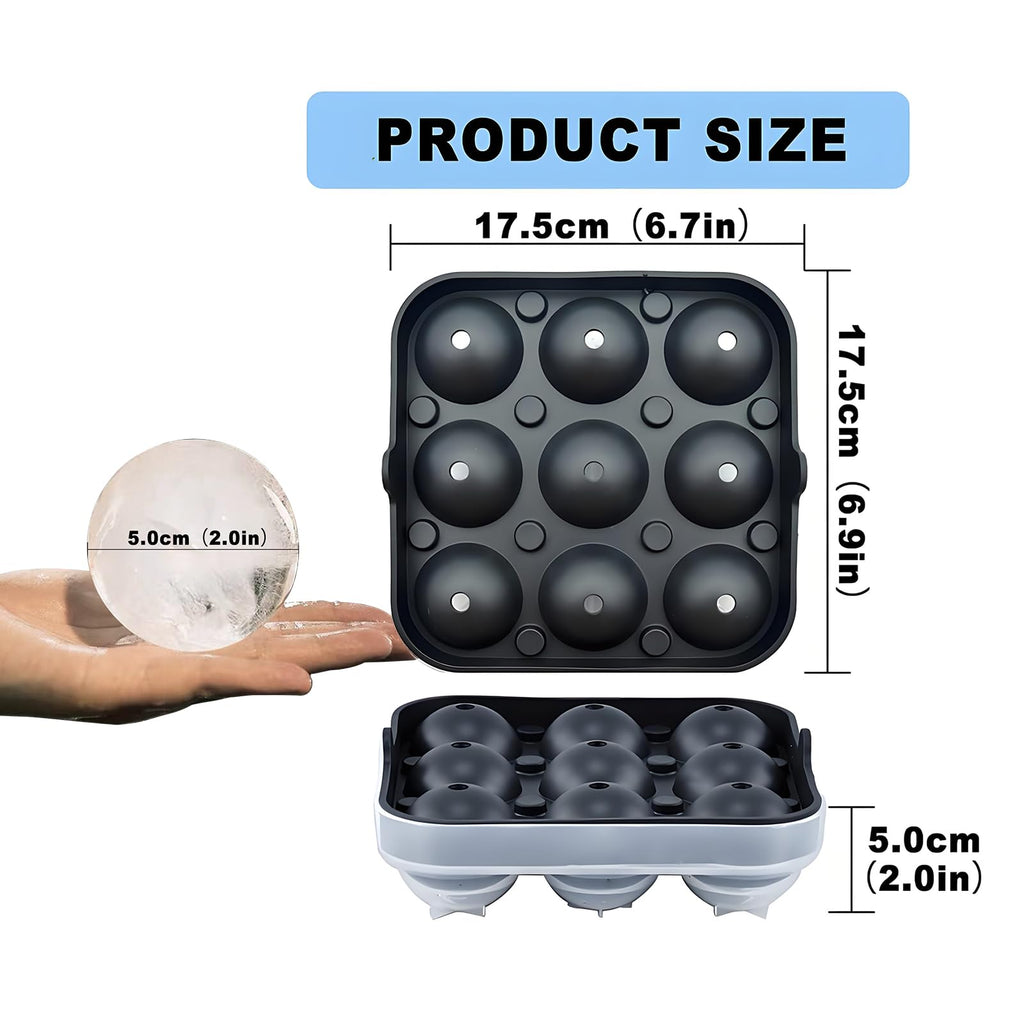 Samuelworld Large Ice Ball Maker with Lid, 9 x 2 Inch Ice Balls - Food Grade, Easy To Fill Round Silicone Ice Tray, Perfect Spheres Craft Ice Maker for Whiskey, Cocktails, Gifting - Black