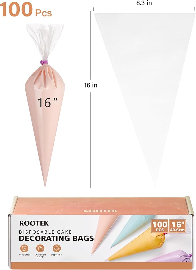 Kootek Piping Bags, Disposable Pastry Icing Bags 16 Inch, 100 Pcs Large