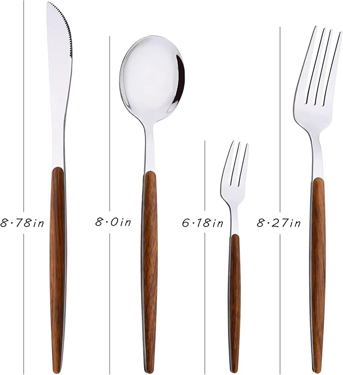 Uniturcky 16-Piece Silverware Set with Cake Fork, Silver Stainless Steel Flatware Cutlery, Eating Utensils with Wooden Effect Handle, Includes Knife, Fork, Spoon, Mirror Finish, Dishwasher Safe