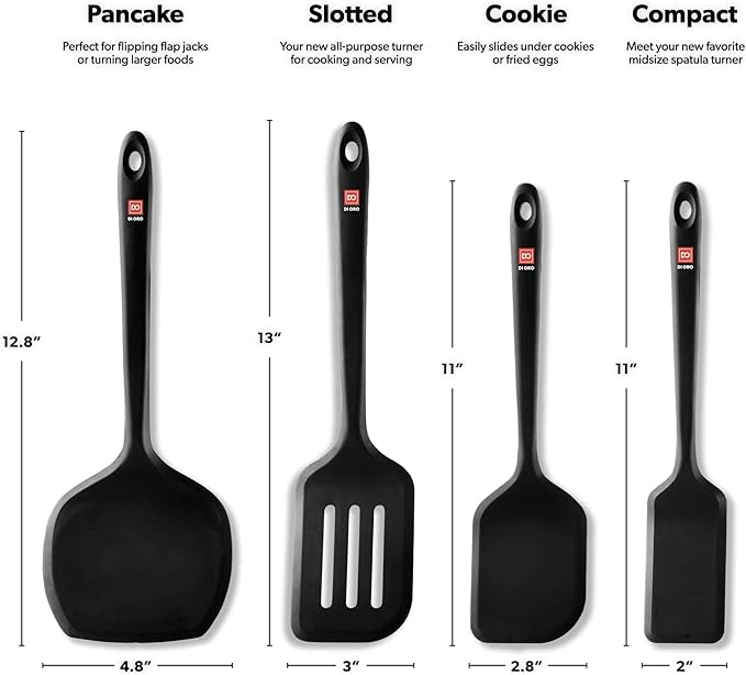 DI ORO Silicone Turner Spatula Set - 600F Heat Resistant, 4-Pc Black
