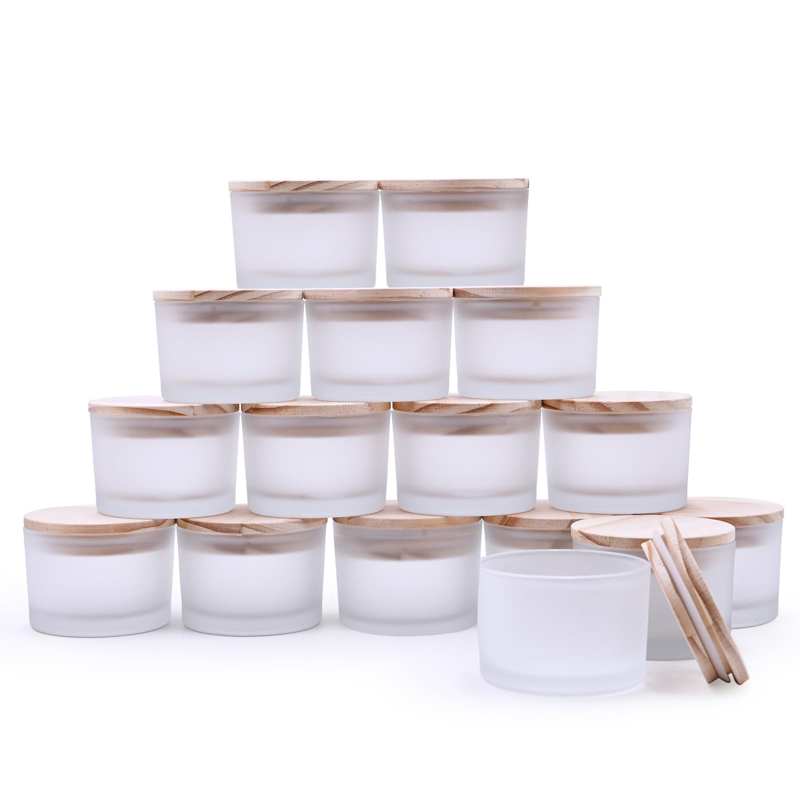 SHOWIN Thick Candle Jars for Making Candles 16 Pcs, 4 OZ Empty Jars with Wood Lids for Candle Making, Sample Container - Dishwasher Safe,Frosted White