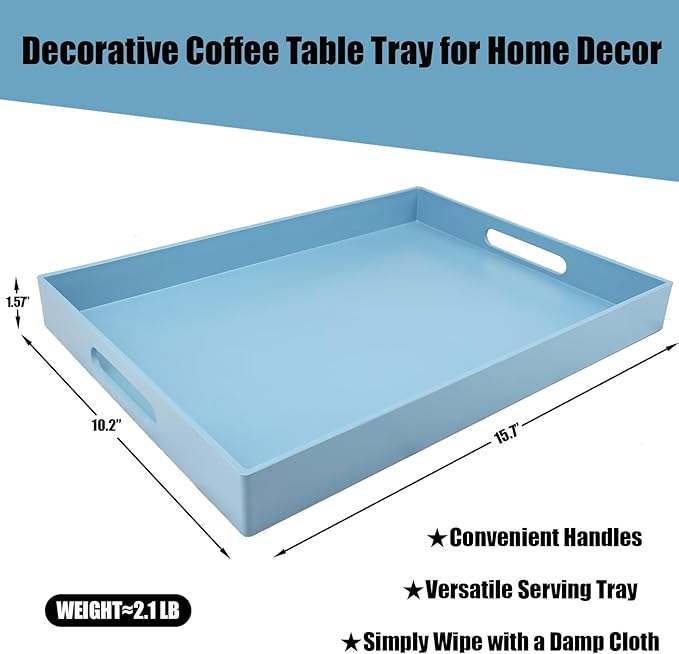 SforGUVA Blue Serving Tray for Coffee Table, Rectangular Plastic Decorative Tray with Handles for Entertaining, Outdoor Patio, Living Room, Ottoman, Bathroom Counter, 11.8”*15.7”*1.6”