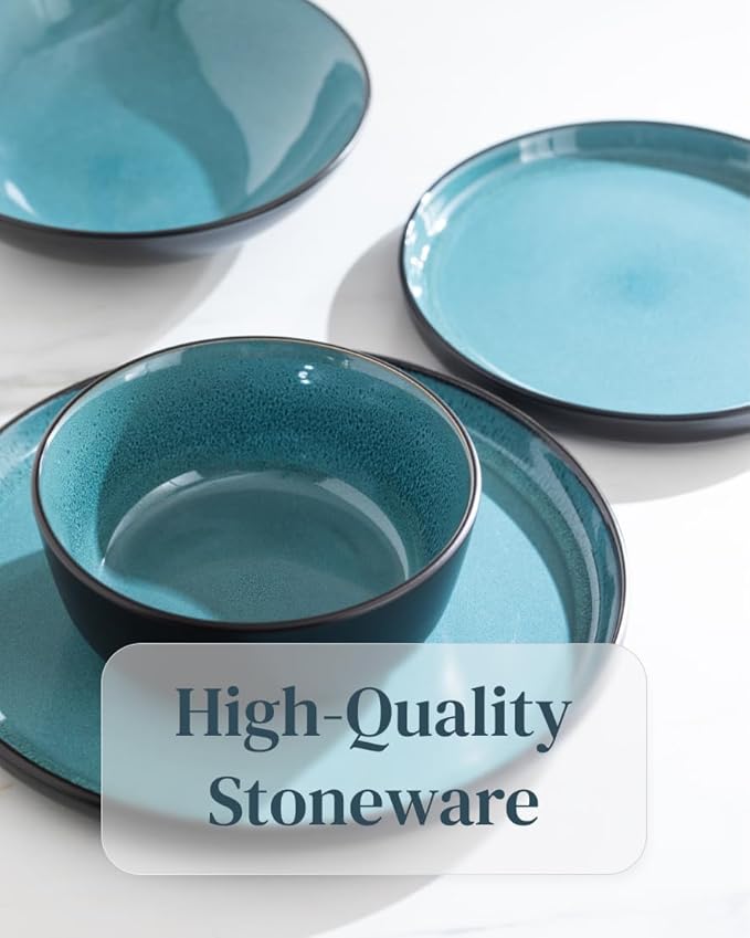 Stoneware Dinnerware Set for 4, 16 Piece Plates and Bowls Set - Handmade Reactive Glaze, Chip & Scratch Resistant Sets - Dishwasher Microwave Safe, Modern Kitchen Dinner Service in Dark Petrol Blue