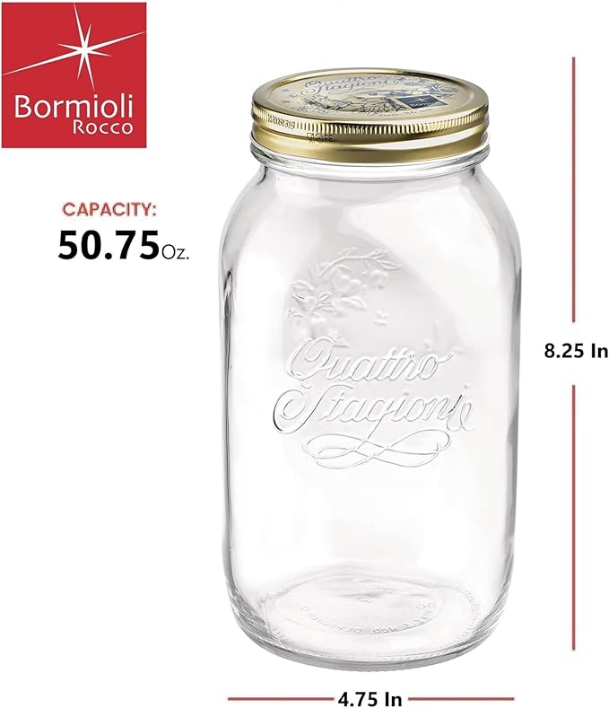 Bormioli Rocco Quattro Stagioni Mason Jar - 50.75 Oz. One-Piece Twist Top Lid, Beehive Motif - Ideal for Canning, Fermentation & Dry Storage - Embossed Glass Container, BPA-Free, Made in Italy