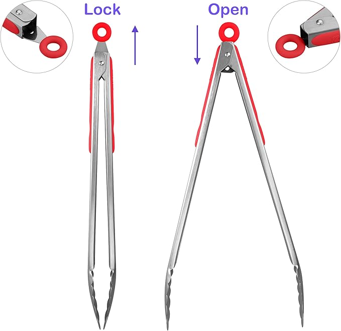 304 Stainless Steel Kitchen Cooking Tongs, 14 & 16 Inch, Set of 2, Red