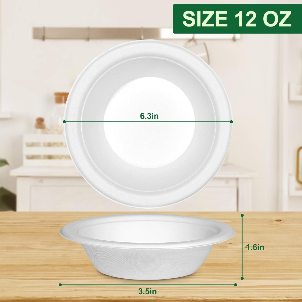 Pony Packaging Paper Bowls 12oz, Disposable Bowls Heavy Duty, 250-Pack 100% Compostable Disposable Soup Bowl, Biodegradable Bagasse Hot Food Plates and Bowls -White
