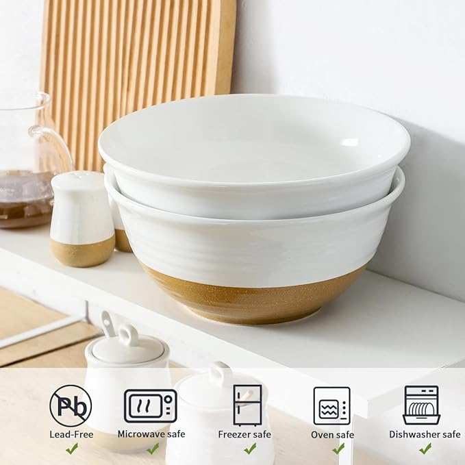 HASENSE Large Ceramic Serving Bowls Set of 2, 84 Oz 9 Inch White & Terracotta Stoneware Mixing Bowls, Farmhouse Bowls for Salad, Baking, Popcorn & Side Dishes, Dishwasher & Microwave Safe