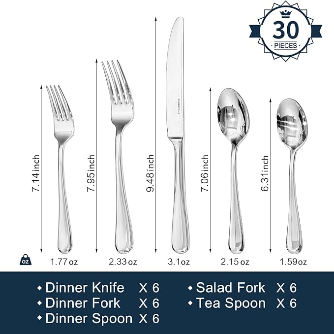 Silverware Set for 6, 30 Piece Stainless Steel Flatware Cutlery Utensil Set