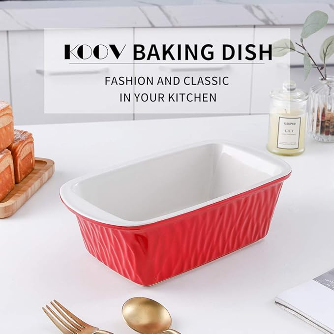 KOOV Ceramic Loaf Pan, Bread Baking Pan, 9 x 5 inch Baking Dish, Rectangular Bakeware for Cooking, Home Kitchen, Texture Series(Red)