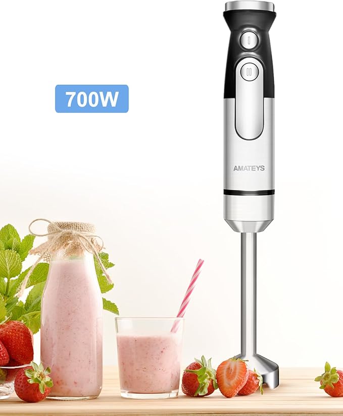 Amateys Handblender with Plug,Immersion Blender Handheld, Heavy-Duty Copper Motor, Detachable Stainless Blade Dishwasher Safe, 2 Modes with Pulse,Infinitely Variable Speed, Space-Saving Design