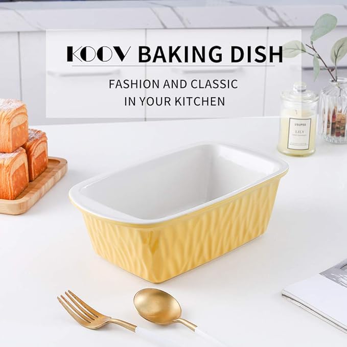 KOOV Ceramic Loaf Pan, Bread Baking Pan, 9 x 5 inch Baking Dish, Rectangular Bakeware for Cooking, Home Kitchen, Texture Series(Yellow)