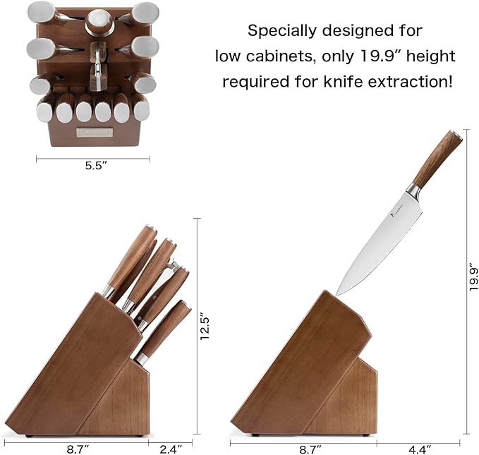 Kangdelun Ultra Sharp 15-Piece Knife Set, 50Cr15MoV High-Carbon Stainless Steel, Torrefied Brown Ash Wood Handles, Angled Dark Brown Wood Block, Easy Hand Wash, Gift Box