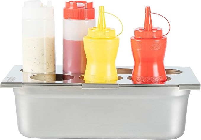 Restaurantware Squeeze Bottle Holder - 1 Count 12.795 x 7.087 x 0.394 Inches Stainless Steel Condiment Organizer - Durable Seven-Hole Pan Top Holder - Silver