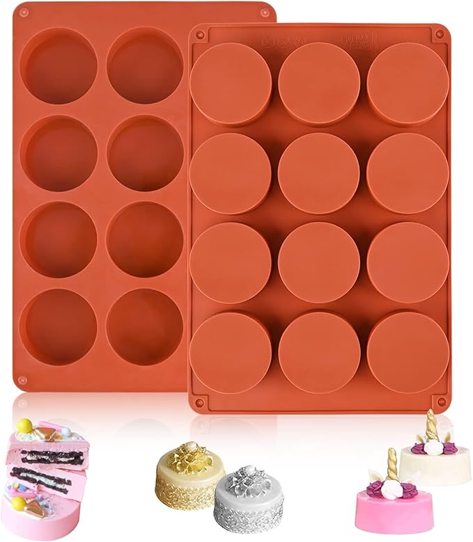 Sakolla 2 Pack Round Chocolate Cookie Molds, 12 Cavity 2.1" Cylinder Silicone Mold for Chocolate Cookie, Cake, Candy, Pudding, Mini Soap (Brown)