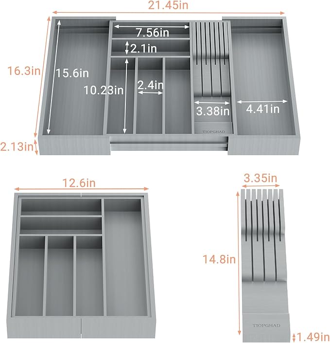 TIOPGHAD Expandable Bamboo Silverware Drawer Organizer Kitchen Tray, Grey