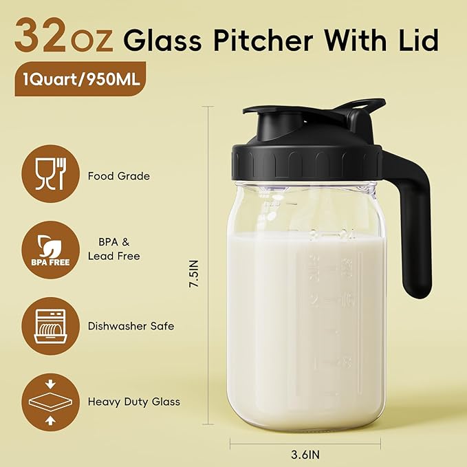 JunVpic Breast Milk Pitcher, 32 oz Wide Mouth Glass Mason Jar