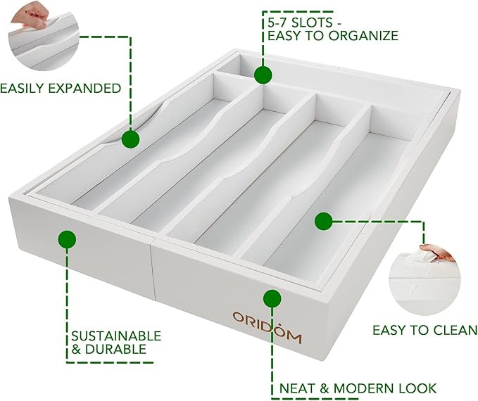oridom Expandable Bamboo Kitchen Drawer Organizer for Cutlery and Utensils, Adjustable Bamboo Wood Cutlery Tray in Drawer for Flatware and Silverware in Kitchen, (White)