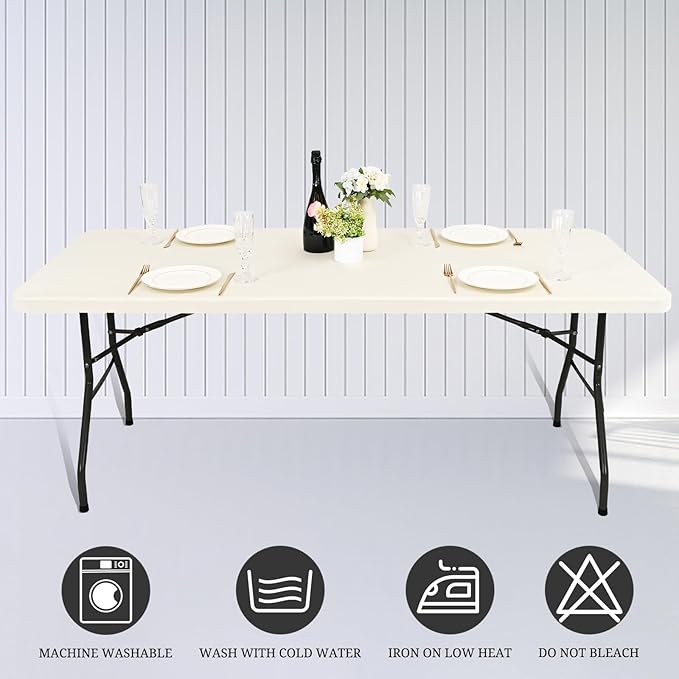 REWOMC 6 Pack Stretch Fabric Table Top Cap Cover, fits 6' Tables, Spandex Table Covers Washable Elastic Rectangle Tablecloth Protector for Indoor Outdoor Party Picnic Wedding, Ivory, 30" W x 72" L