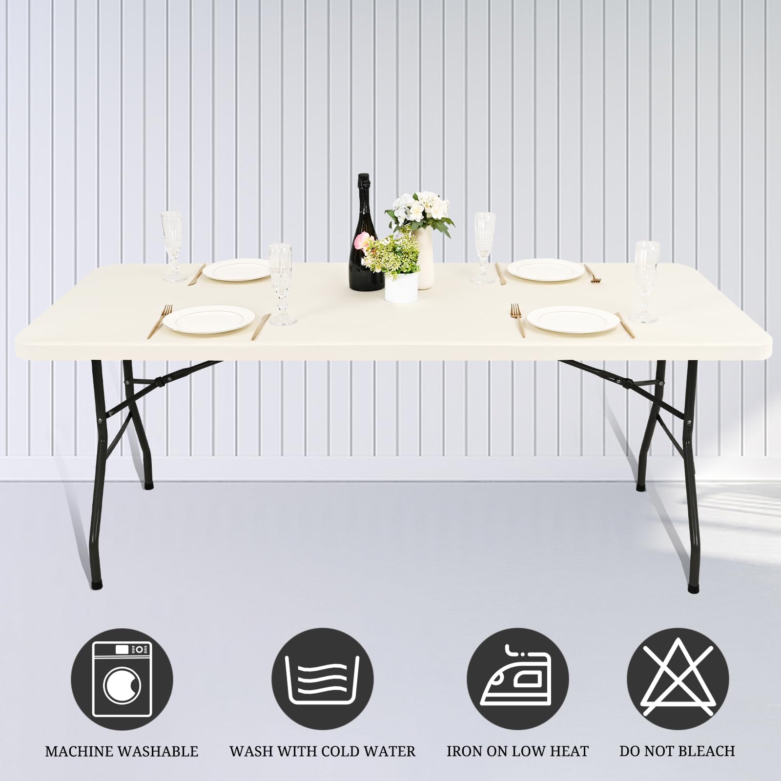 10 Pack Fitted Tablecloth for 8 Foot Rectangle Tables, Ivory Elastic Outdoor Picnic Table Cover, Washable Stretch Folding Table Cloths 8 ft for Camping Party Patio Kitchen Banquet, 30" W x 96" L