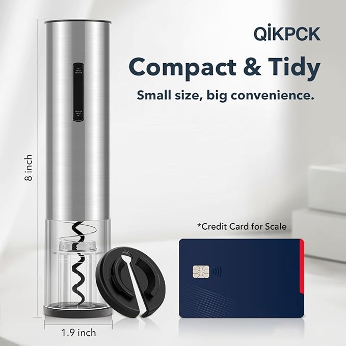 QIKPCK Electric Wine Opener Rechargeable–USB-C Charging, Wine Opener Electric with Foil Cutter, Electric Wine Bottle Opener, Electric Corkscrew Wine Opener, Stainless Steel, Must-Have for Wine Lovers