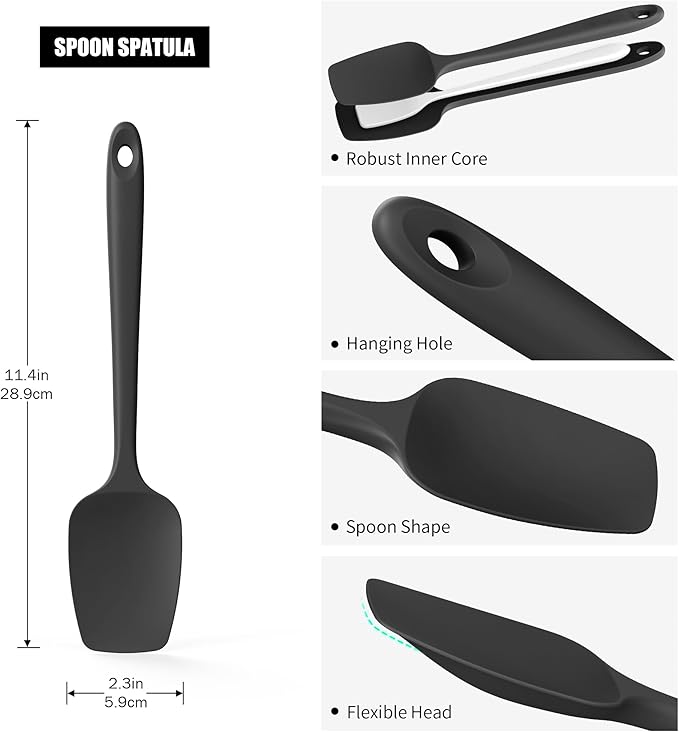Doosu 600°F High Heat Silicone Spoon Spatula for Cooking (Black, 11.4in)