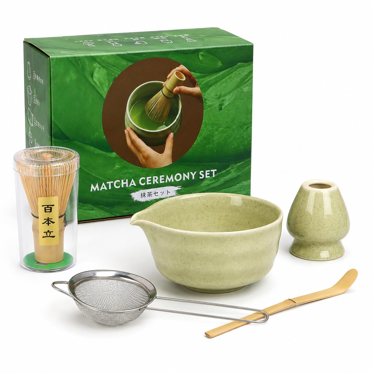 Rzoklot Matcha Tea Set – Japanese Matcha Bowl with Spout, Bamboo Whisk, Scoop, Holder & Strainer – Complete Ceremonial Matcha Kit for Beginners & Gift-Giving, Green