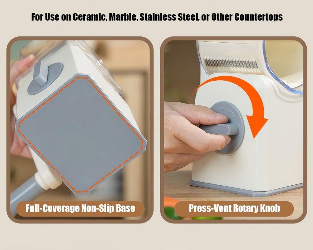 Rotary Cheese Grater with Hand Crank, Multi-Purpose Shredder Slicer with 5 Interchangeable Stainless Steel Blades for Shredding, Slicing, and Grating Cheese, Vegetables, and Fruit (Beige)