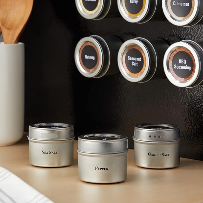 Talented Kitchen Magnetic Spice Jars - 3 oz, Stainless Steel, 24-Pack - Spice Tins with Sift & Pour Lids & Fridge Magnets for Kitchen Organization