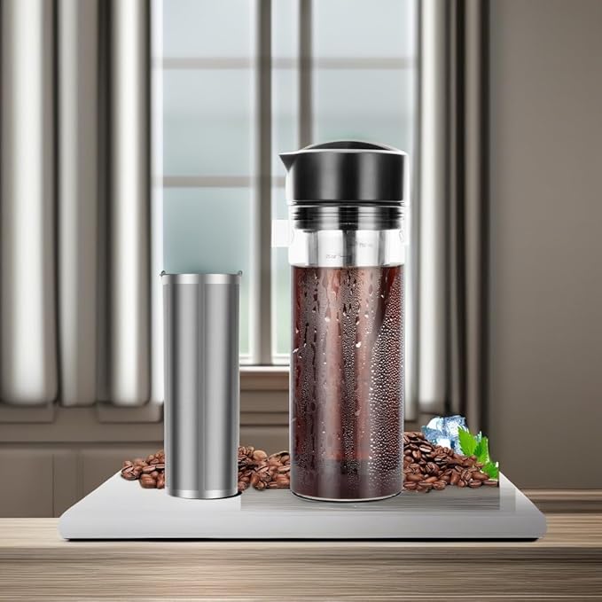 YMMIND 25oz Cold Brew Coffee Maker 4 Cup Capacity Tea Maker, Iced Coffee Pot, Cold Heat Resistant Borosilicate Glass Carafe, Stainless Steel Mesh Filter Basket and Black Freshness Lid