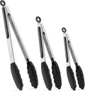 HOTEC Premium Stainless Steel Locking Kitchen Tongs with Silicon Tips, Heat Resistant Cooking Tongs Set of 3-7", 9" and 12", Black