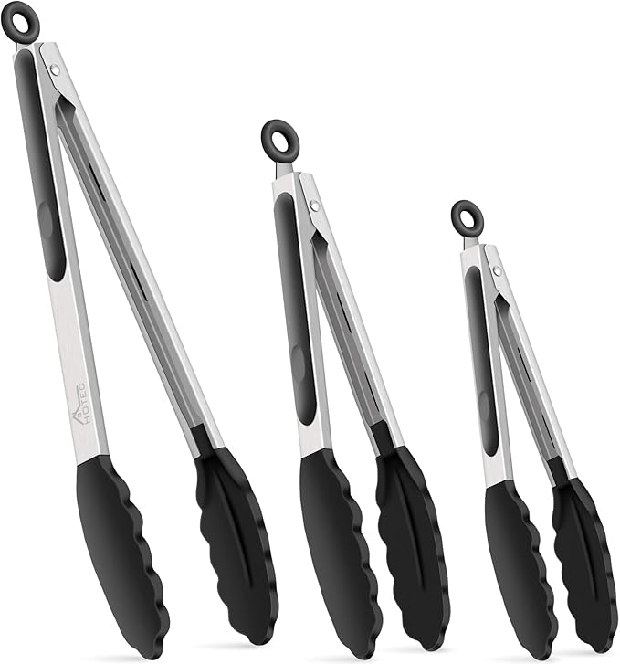 HOTEC Premium Stainless Steel Locking Kitchen Tongs with Silicon Tips, Heat Resistant Cooking Tongs Set of 3-7", 9" and 12", Black