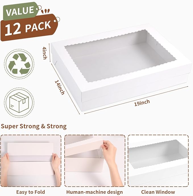 PFAMKEER 12pcs 19x14x4 inch Cake Boxes with Window，White Rectangle Sheet Large Bakery Boxes for Pastry Dessert Cake, Cupcakes Donuts Cookies Pie Treat Packaging