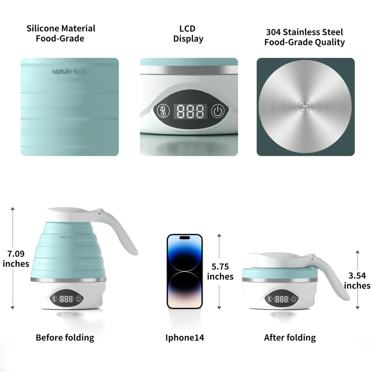 AUCOO Collapsible Travel Kettle, 700mL Small Electric Kettles for Boiling Water, 850W Portable Foldable Kettle with Digital Temperature, 110-220V Dual Voltage, BPA-Free Silicone for Tea & Coffee