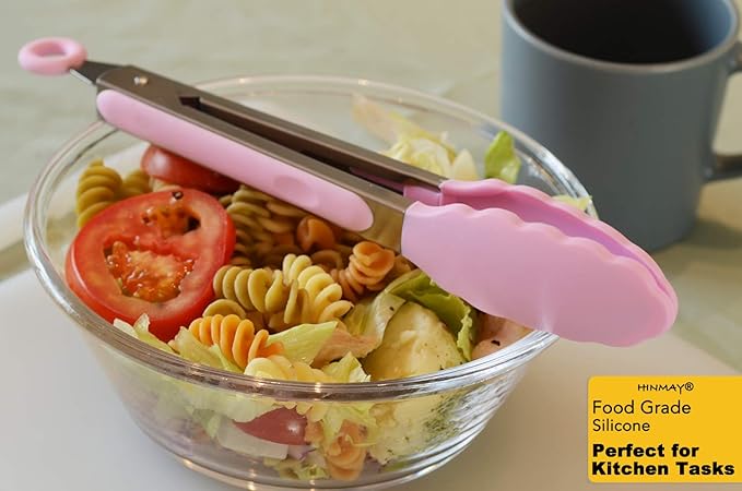 HINMAY Serving Tongs with Silicone Tips 9-Inch Food Tongs, Set of 3 (Pink)