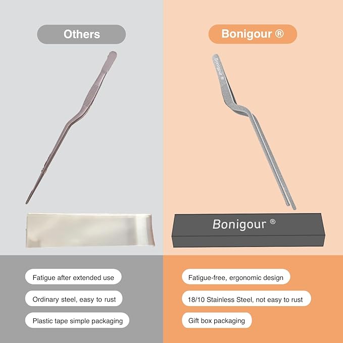 Bonigour 8 Inch Precision Offset Tweezers, Kitchen Culinary Stainless Steel Tongs, Curved Kitchen Cooking Multi-function Chef Precision Tweezer Tongs for Plating, Food Decorating and ect (Silver)