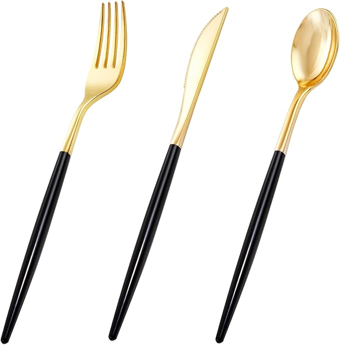 I00000 60 Pcs Black Plastic Cutlery Set, Gold Utensils with Black Handle
