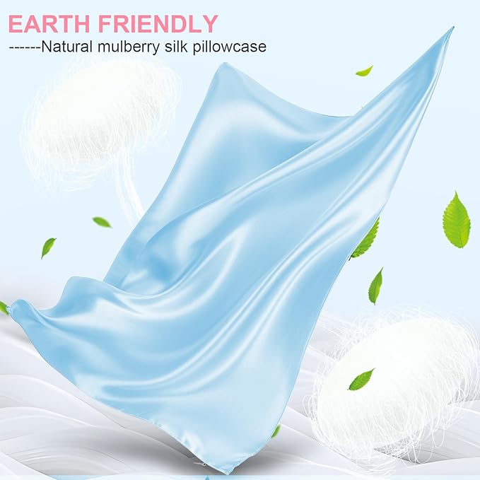 Silk Pillow Cases 2 Pack Standard Size with Hidden Zipper, Mulberry Silk Pillowcase for Hair and Skin, Smooth and Soft Breathable Cooling Silk Satin Pillowcase Set of 2, Gifts for Women，Sky Blue