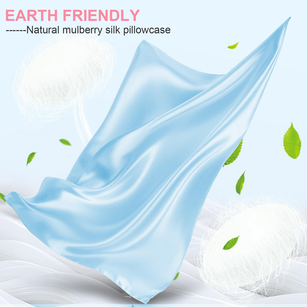 Silk Pillow Cases 2 Pack Standard Size with Hidden Zipper, Mulberry Silk Pillowcase for Hair and Skin, Smooth and Soft Breathable Cooling Silk Satin Pillowcase Set of 2, Gifts for Women，Sky Blue
