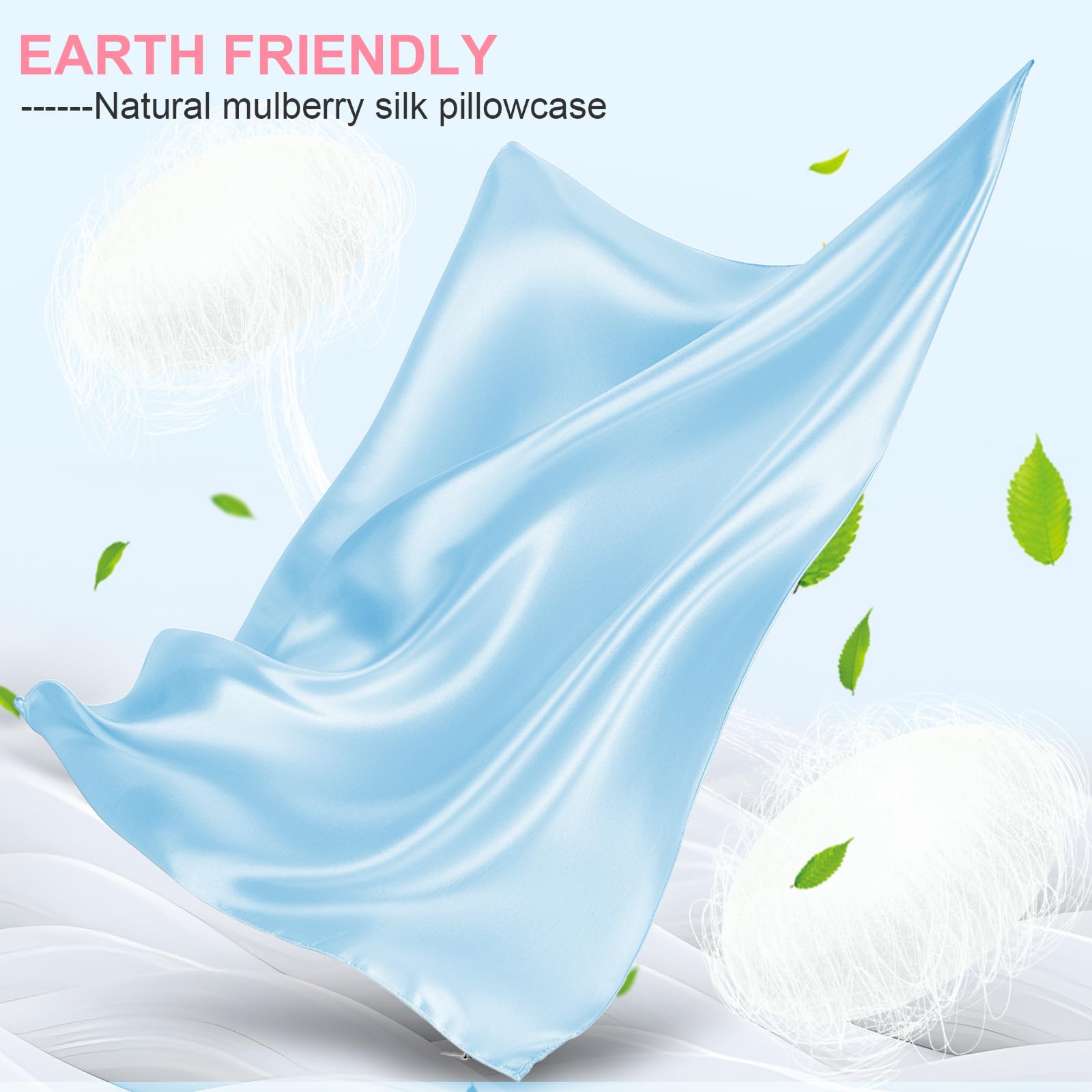 Silk Pillow Cases 2 Pack Standard Size with Hidden Zipper, Mulberry Silk Pillowcase for Hair and Skin, Smooth and Soft Breathable Cooling Silk Satin Pillowcase Set of 2, Gifts for Women，Sky Blue