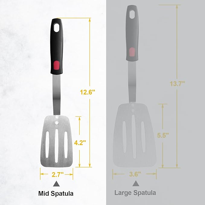 Stainless Steel Spatula, Flexible Metal Slotted Turner for Cast Iron Skillet, Thin Blade and Heat Resistant Silicone Handle, Great for Egg, Cookie, Meat, Crep, Small