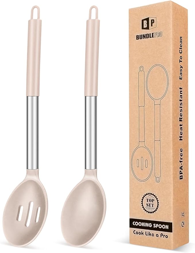 BUNDLEPRO Silicone Cooking Spoons for Non Stick Cookware, 2 Pack, KHAKI