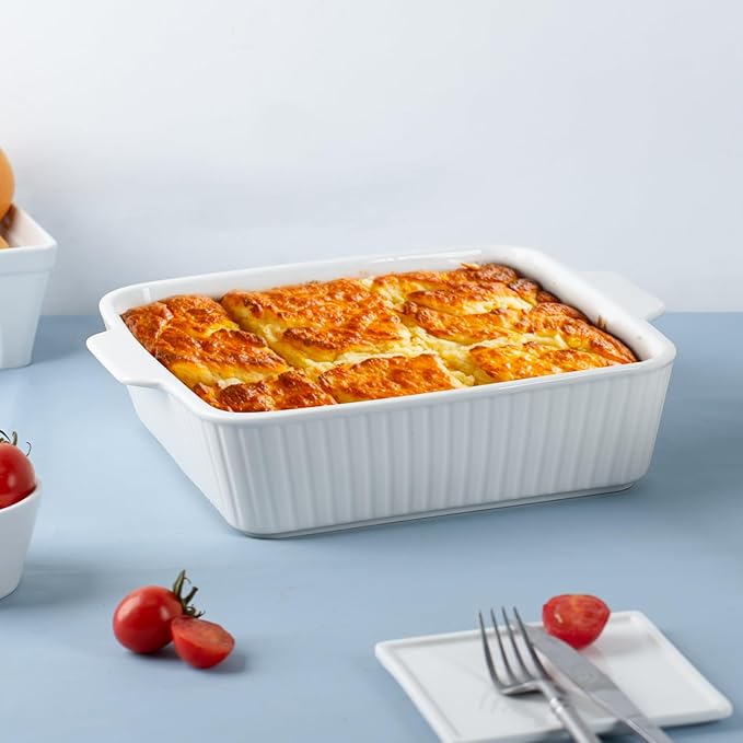 cikiciki 10" Square Ceramic Casserole Dish Set of 2-2.6 Qt Deep Baking Dishes with Handles for Oven, Lasagna Pan for Casseroles Cake Bread, Microwave Dishwasher Safe Bakeware Set, White