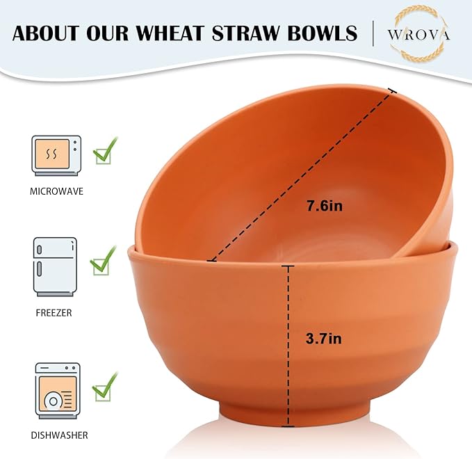 Wrova Wheat Straw Bowls Set 60 OZ Unbreakable Large Cereal Bowls Set of 6 Microwave and Dishwasher Safe Bowls Big Bowls for Eating BPA Free Soup Bowl for Serving Oatmeal and Salad Orange