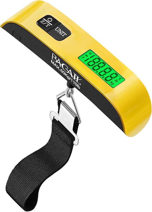BAGAIL Digital Luggage Scale, 110lbs Hanging Baggage Scale with Backlit LCD Display,Portable Suitcase Weighing Scale,Travel Luggage Weight Scale with Hook,Strong Straps for Travelers(Yellow)